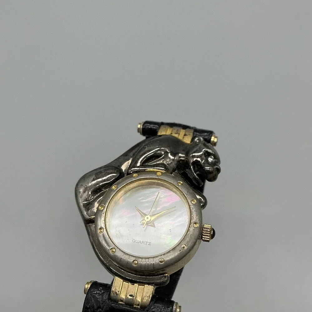 Womens Panther Watch 29mm MOP Dial Black Leather Dress Quartz New Battery